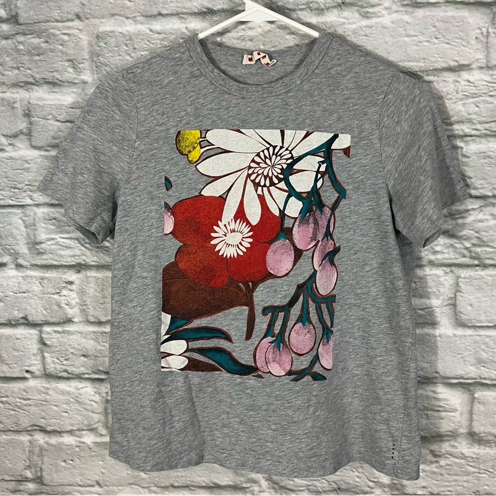 Marni Girls 14 Grey Short Sleeve T-Shirt with Floral Graphic Design- 100% Cotton